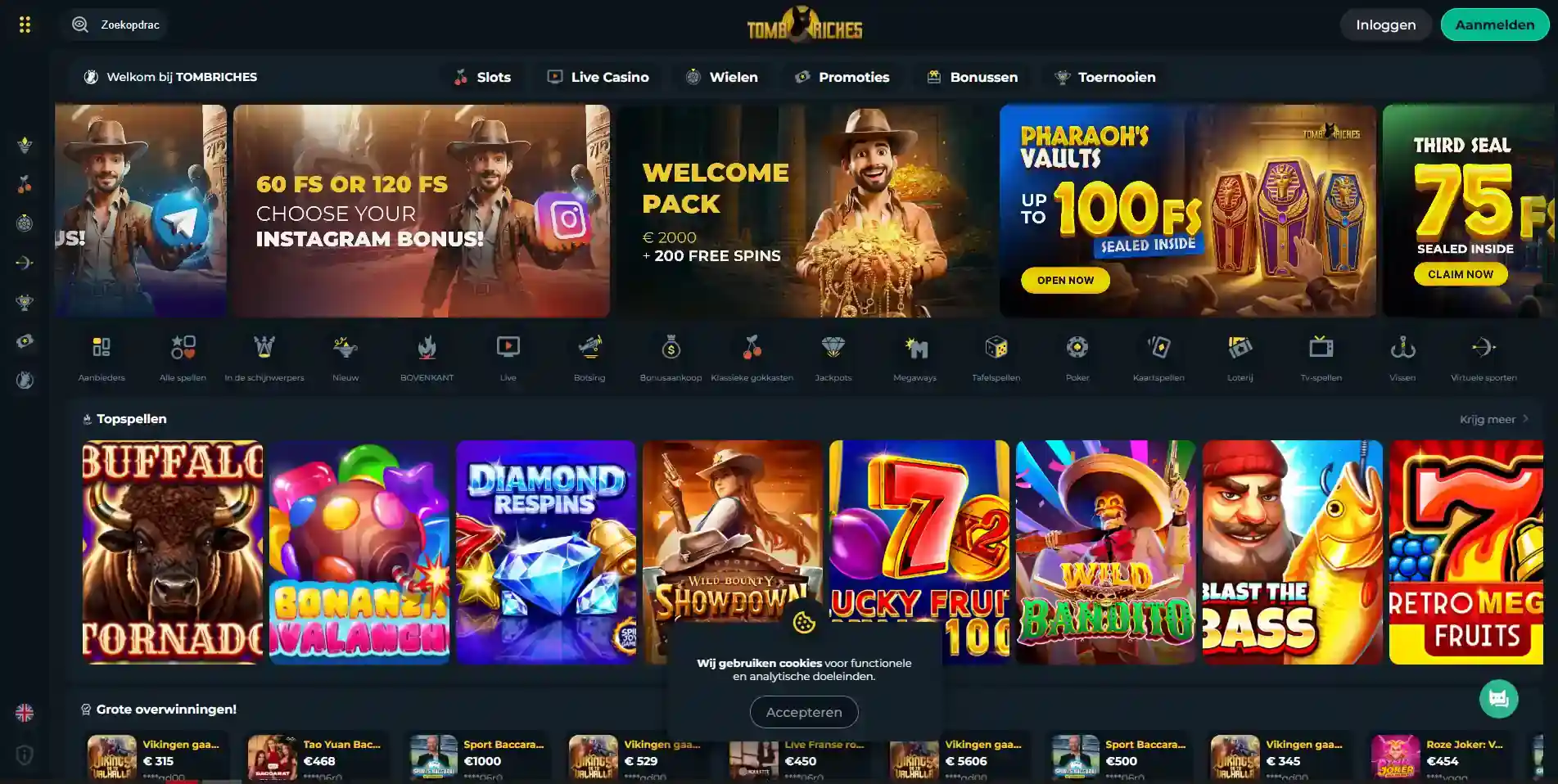 Actuele Tomb Riches homepage of casino-interface
